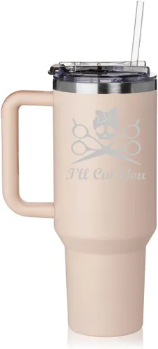 Miniatura 5 de Vaso de 40 onzas con asa y tapa con pajilla, taza de viaje aislada de acero inoxidable, taza de viaje I'll Cut You Hair Dresser Stylist (negro)