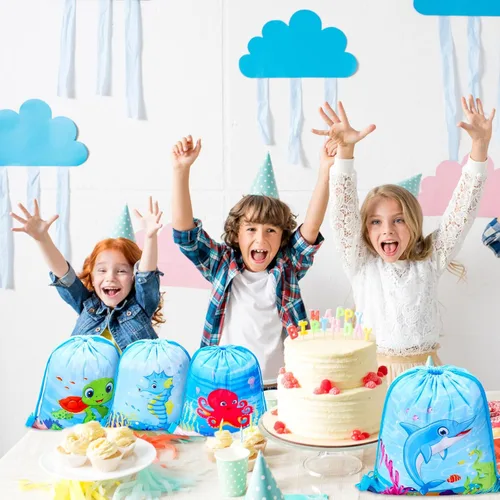 Miniatura 6 de Paterr Paquete de 12 bolsas de mochila con cordón para fiesta de animales del océano, bolsas de regalo de fiesta bajo el mar, bolsas de golosinas