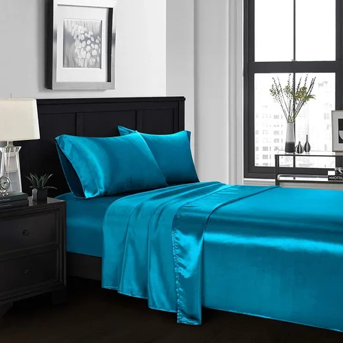 Miniatura 8 de 4 piezas de sábanas de satén 100% seda pura, lujosa colección de ropa de cama ultrasuave y suave, 19 pulgadas de profundidad, 1 sábana bajera, 1