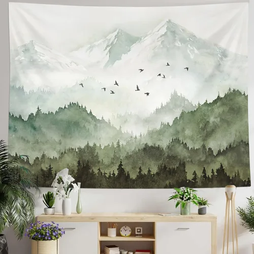 Miniatura 12 de kampdream Tapiz de bosque de montaña, tapiz de pared con diseño de árbol blanco y negro brumoso, paisaje de acuarela, tapiz de paisaje natural