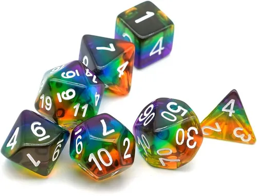 Miniatura 6 de Cusdie Juego de dados poliédricos DND de 7 troqueles arcoíris para juegos de rol (arco iris-transparente)