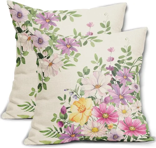 Miniatura 11 de Juego de 2 fundas de almohada de primavera de 16 x 16 pulgadas, diseño de conejo, flores rosas, hojas verdes salvia, plantas botánicas vintage