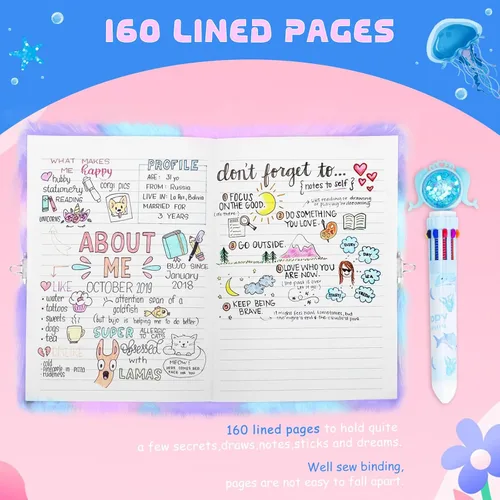Miniatura 5 de homicozy Diario de sirena para niñas con cerradura y llaves, diario esponjoso tie-dye para niños con 160 páginas rayadas, cuaderno secreto mullido