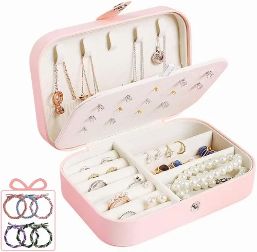 DREAMGLAMOUR Joyería de viaje caja de viaje de doble capa joyero de viaje regalo para mujeres niñas con 6 pulseras de regalo collar aretes anillos