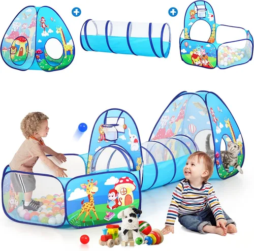 Miniatura 11 de PigPigPen Tienda de campaña 3 en 1 para niños con túnel de juego, pozo de bolas, aro de baloncesto para niños y niñas, juguete de casa