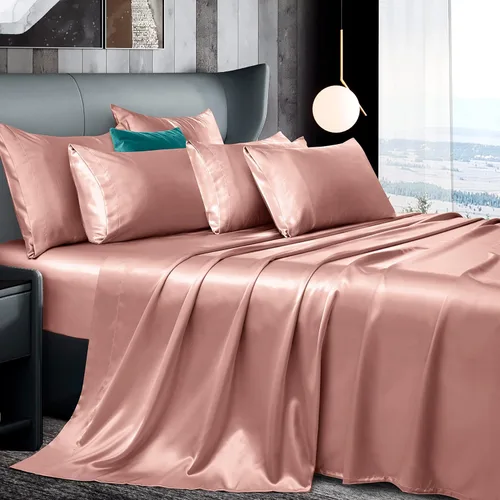 Miniatura 16 de Manyshofu Juego de sábanas de satén sedoso tamaño Queen de 7 piezas, juego de ropa de cama lujoso y suave, 1 sábana bajera, 1 sábana encimera, 4