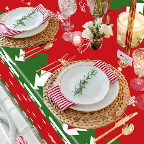 Miniatura 3 de Mantel de Navidad desechable, mantel de plástico para Navidad, color rojo, verde, blanco, mantel de árbol de renos y copos de nieve para decoración