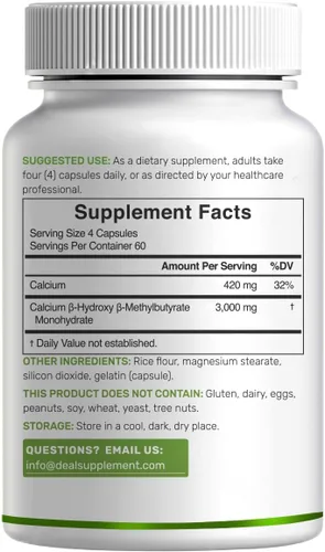 Miniatura 7 de Suplementos HMB ultra fuertes 3,000 mg por porción, 240 cápsulas Probado por terceros Apoya el crecimiento muscular, la retención y la masa