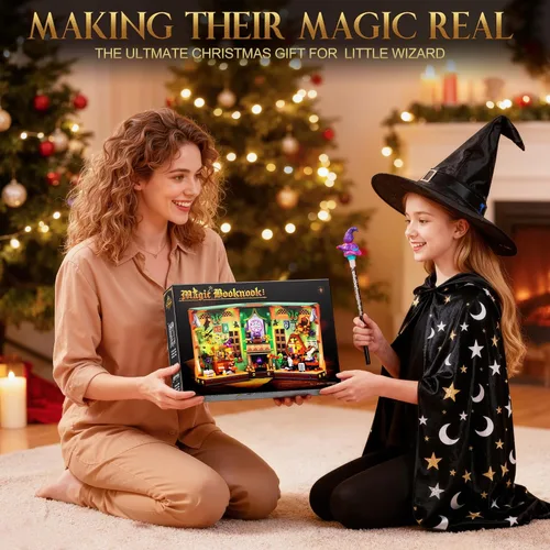 Miniatura 6 de Kit de construcción de rincón de libros con luces LED, 1033 piezas Magic Academy Booknook 3D modelo de casa en miniatura para estantería
