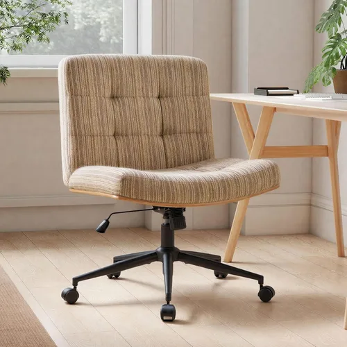 Miniatura 9 de Furnimart Silla de escritorio curvada de madera FSC de alta resistencia, giratoria de 360°, silla cruzada de felpilla de alta calidad con ruedas
