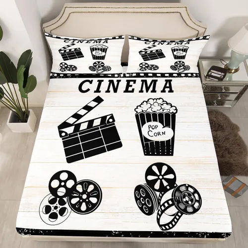 Miniatura 18 de Sábana bajera ajustable de cine tamaño individual, sábanas vintage para niños, niñas y adultos, juego de ropa de cama de palomitas de maíz