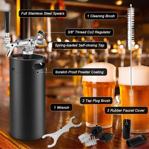 Miniatura 2 de Ferroday Growler de cerveza de acero inoxidable de 128oz 128oz, mini barril portátil de barril (negro)