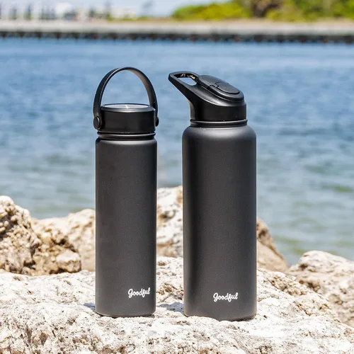 Miniatura 10 de Goodful Botella de agua de doble pared sellada al vacío, aislada con dos tapas intercambiables, tapas para beber o tragar, a prueba de fugas, boca