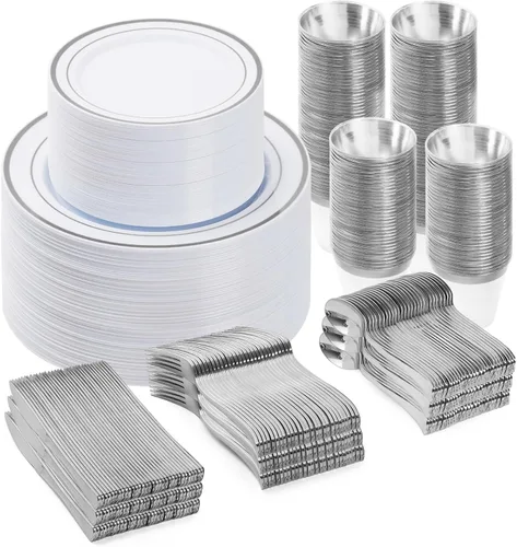 Miniatura 8 de BESTVIP Juego de vajilla de 300 piezas de oro negro para 50 invitados, platos de plástico para fiesta de Halloween y Navidad, 50 platos desechables