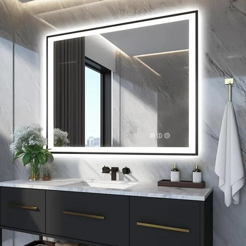 Miniatura 9 de EchosLife Espejos de baño LED de 20 x 28 pulgadas para pared, marco de aluminio negro (frontal y retroiluminado), espejo de tocador antivaho
