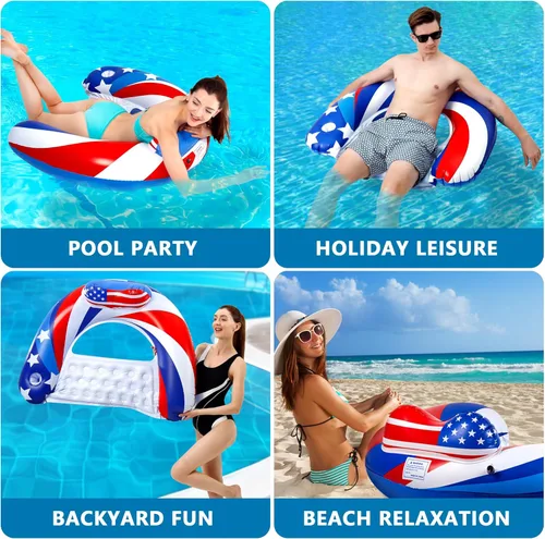 Miniatura 6 de Paquete de 3 flotadores inflables de piscina para adultos, sillas flotantes de piscina con soporte para tazas, flotadores de piscina para adultos