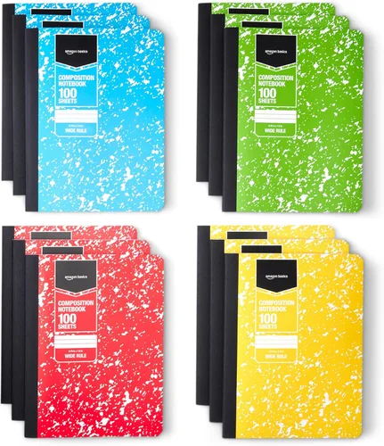 Amazon Basics - Cuaderno de composición con rayas anchas, 100 hojas, color mármol de varios colores, paquete de 12 unidades Varios colores de mármol