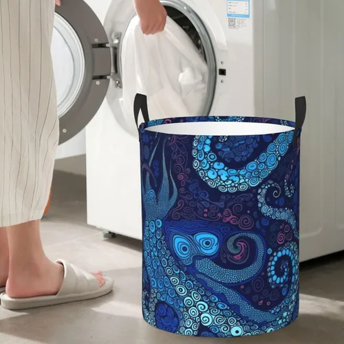 Miniatura 7 de Cesta circular con estampado de pulpo azul, impermeable, cesta organizadora de lavandería, con asas, para ropa, juguetes, pequeña
