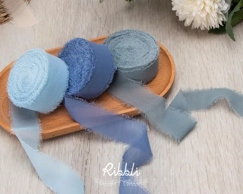 Miniatura 5 de Ribbli Cinta de gasa azul bebé de 1 pulgada x 20 yardas hecha a mano con flecos de seda, cinta azul para envolver regalos, invitaciones de boda