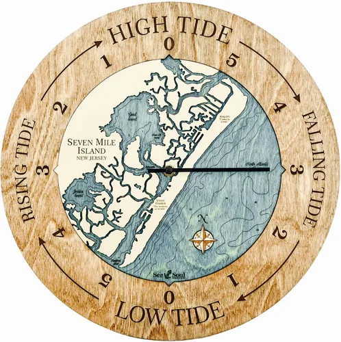 Sea & Soul Seven Mile Island - Reloj de marea náutico de 16 pulgadas, Avalon y Stone Harbor - Reloj de marea alta con mapa de madera en 3D, regalos