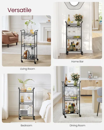 Miniatura 3 de VASAGLE Carrito de Bar, Carrito de Servicio de Bar para el Hogar, Carrito de Servicio de Bar Pequeño con Estante de 3 Niveles, Soportes para Vino