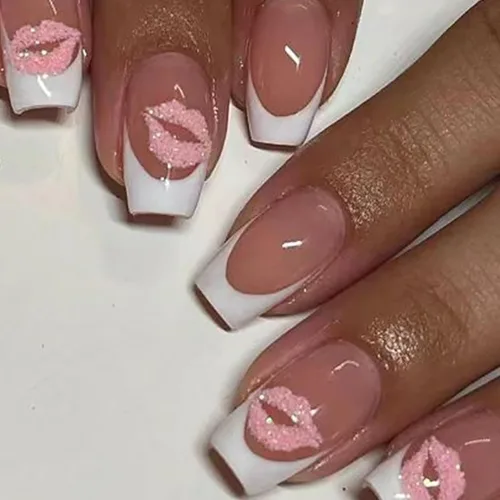 Miniatura 22 de Uñas postizas a presión para San Valentín, uñas postizas cortas cuadradas MABKJLF nude con diseños de labios, cobertura completa, pegamento