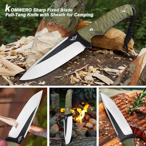 Miniatura 4 de KOMWERO Cuchillo de hoja fija con funda Kydex, hoja de acero D2 de 4.52", cuchillo de espiga completa con mango verde G10, cuchillos de caza al aire