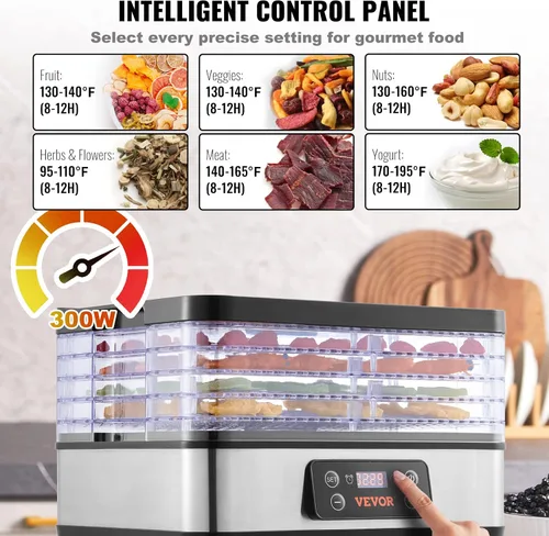 Miniatura 5 de VEVOR Máquina deshidratadora de alimentos, deshidratador de frutas de 5 bandejas, secadora eléctrica de alimentos de 300 W con temporizador