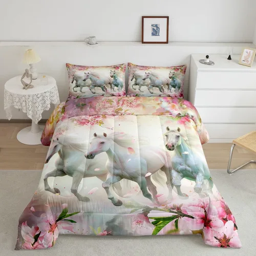 Miniatura 15 de Feelyou Juego de edredón tamaño individual con diseño de caballo y cerezo en flor de galope para niños, adolescentes, edredón occidental, decoración