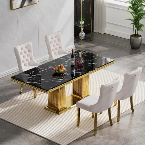 Miniatura 2 de Juego de mesa de comedor de 5 piezas para 4, mesa de cocina de mármol negro de 68 pulgadas con 4 sillas beige, mesa de comedor rectangular moderna