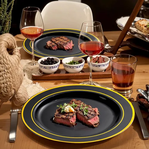 Miniatura 3 de bUCLA - 100 platos de plástico negros y dorados de 10.25 pulgadas, platos desechables con borde dorado, ideales para fiestas, graduaciones y Año