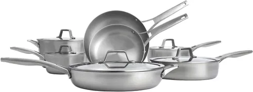 Calphalon Acero inoxidable de alta calidad superior incluso calefacción. Construcción de metal de 3 capas, asas ergonómicas que se mantienen