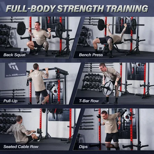 Miniatura 7 de MAJOR FITNESS Drone3 Power Rack, banco de sentadillas para gimnasio en casa de 2500lbs multifunción con sistema de polea doble, barra de tracción