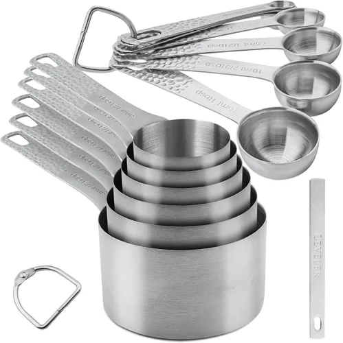 Juego de 14 tazas y cucharas medidoras de acero inoxidable 18/8 para hornear y cocina, medida métrica y estadounidense, 6 tazas y 7 cucharas con B: