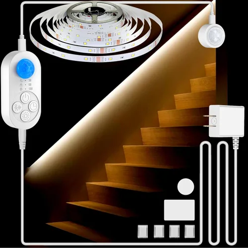 Miniatura 9 de Luces de Escalera con Doble Sensor para Interiores, Tira de Luz para Escalones Activada por Movimiento Enchufable para Interiores con Atenuador