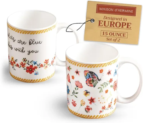 Miniatura 105 de Maison d' Hermine Taza de café con asas, tazas de porcelana fina de hueso, paquete de dos tazas de té para bebidas calientes, capuchino, latte, 015