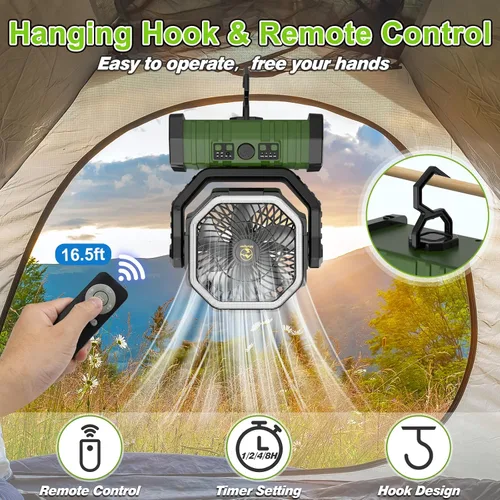 Miniatura 5 de Ventilador de campamento recargable de 20000 mAh, ventilador portátil oscilante automático para acampar con control remoto y linterna LED