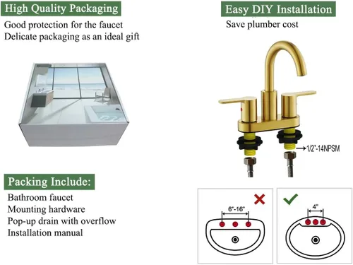 Miniatura 5 de TimeArrow Grifo de Lavabo de Baño Centerset de 2 Manijas en Oro Cepillado con Ensamble de Desagüe, Grifo de Lavatorio de Tocador de Baño Moderno