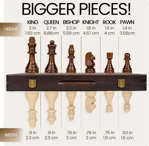 Miniatura 3 de Juego de ajedrez magnético de madera de 15 pulgadas, tablero de ajedrez portátil plegable grande, piezas talladas a mano, ranuras de almacenamiento