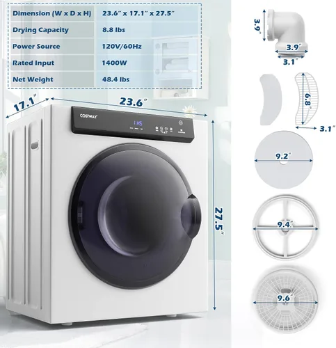 Miniatura 7 de COSTWAY Secadora portátil compacta, con panel táctil, 2 modos, 3 potencias de calefacción y ventilación de escape ajustable, secadora de ropa