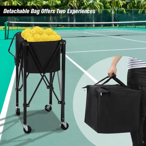 Miniatura 4 de Tolva portátil para pelotas de tenis con capacidad para 200 bolas, carrito de canasta de pelota de tenis con 4 ruedas y frenos, bolsa de tela Oxford