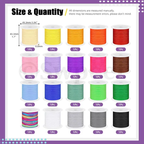 Miniatura 2 de Swpeet Juego de 20 cuerdas de nailon multicolor de 0.035 in 65.6 ft, hilo de nailon para cuentas trenzadas, cuentas, collares, manualidades