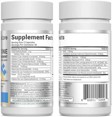 Miniatura 8 de DrBioCare Suplemento de probióticos de L-carnitina, contiene L-carnitina, probióticos, café verde en polvo, extracto de yerha mate, extracto