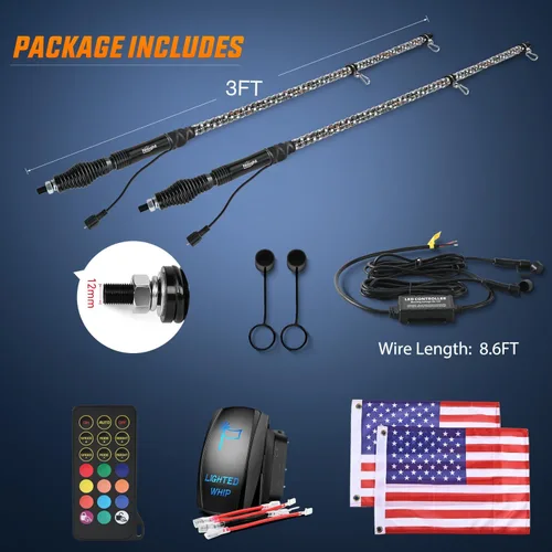 Miniatura 9 de Nilight 2 luces LED RGB en espiral de 3 pies con base de resorte, luz de persecución RF, control remoto, látigos de antena iluminados para Can-Am