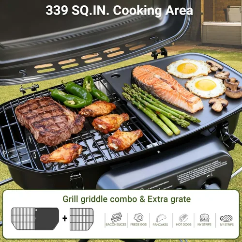 Miniatura 2 de Parrilla de gas portátil Brand-Man, parrilla de propano con soporte vertical y carro plegable y encendido de botón, ideal para camping, portón Verde