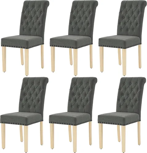 Miniatura 13 de LOULENS Juego de 2 sillas de comedor de tela, modernas sillas Parson tapizadas de lino con ribete de cabezas de clavos, botones acolchados, patas