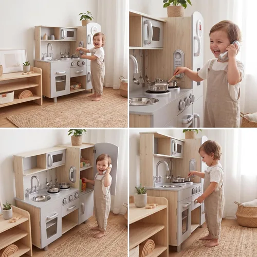 Miniatura 6 de MAMIZO Juego de Cocina para Niños, Cocina de Preescolar para Cocinar, Juguete de Madera de Simulación para Niños Pequeños con Nevera, Estufa