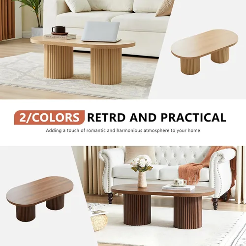 Miniatura 6 de Mesa de centro ovalada acanalada, mesa de centro de madera estilo granja, mesa central moderna de mediados de siglo boho para sala de estar y Nogal