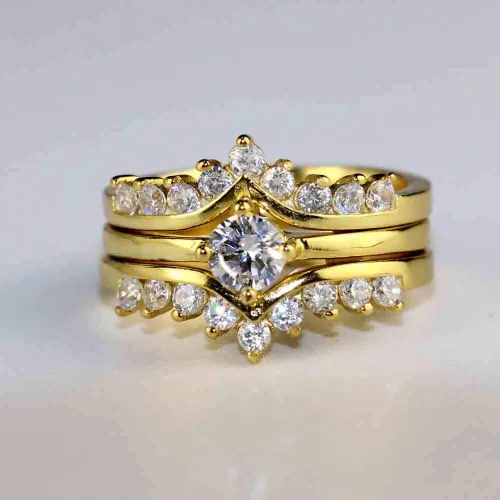 Miniatura 2 de Juego de 3 anillos de boda chapados en oro blanco para mujer, anillos de compromiso redondos de circonita azul