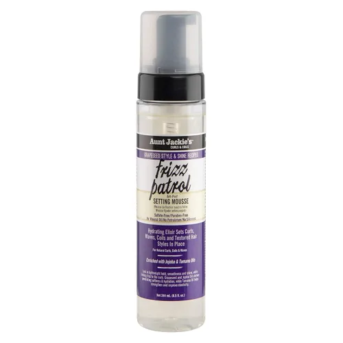 Aunt Jackie's Grapeseed Style and Shine Recipes Frizz Patrol Anti-Poof Setting Mousse para el cabello, establece estilos de cabello rizado en su
